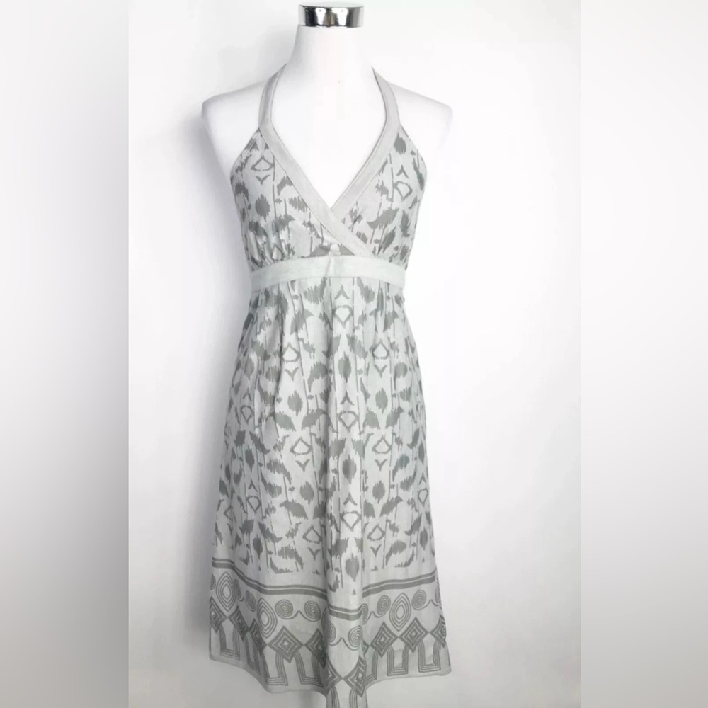 Athleta Balsa Burnout Gray Batik Dress Geometric Print Halter Top Back Tie Belt